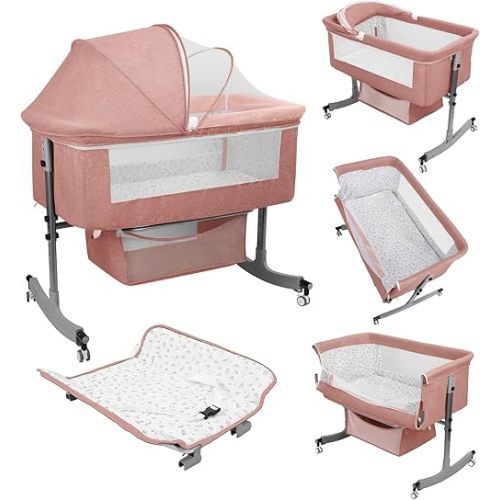 Bedside Bassinet Baby Crib, 4-in-1 Bedside Crib with Changing Table, 6 Levels Height Adjustable Baby Crib with Basket & Mosquito Net, Wheels, Portable Newborn Infant Cradle Bassinet Pink