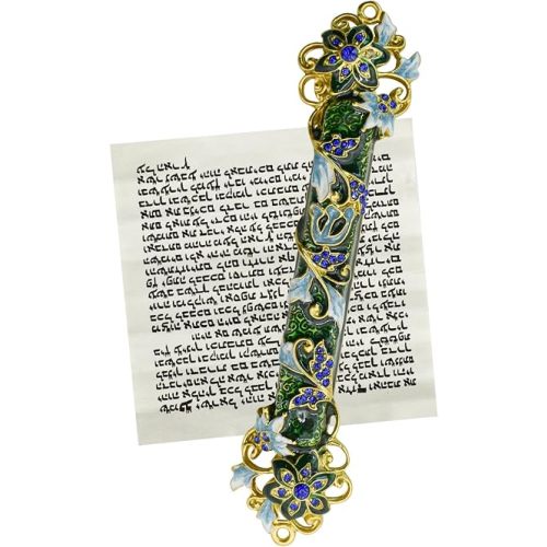 Mezuzah with Scroll for Door, Enamel&Zinc Alloy Blessing Mezuzah Case for Door, Colored Painted Mezuzha Scroll Kosher for Jewish Gifts/Jewish Decor, Christmas (Dark Green, 1.37x5.98 in)