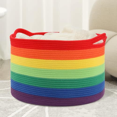 Large Blanket Basket (20"x13"),Woven Basket for Storage Dirty Clothes Basket for Laundry, Living Room, Nursery, Bedroom Rope Storage Basket for Blankets（Rainbow)