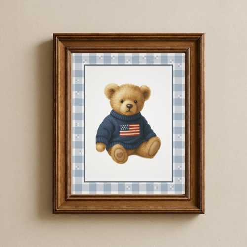 Vintage Boy Nursery Teddy Bear Print: American Flag, Plaid, R Lauren Style