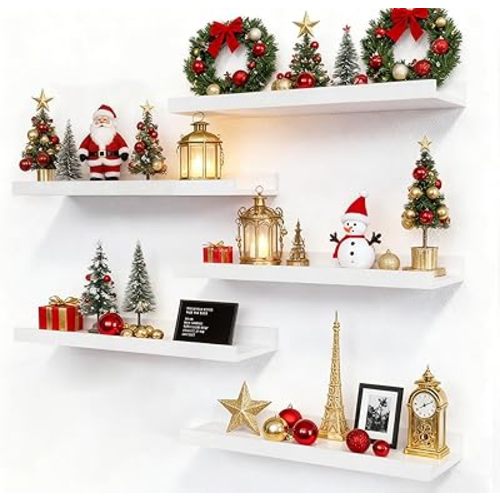 RICHER HOUSE 5 Set White Floating Shelves, Wall Mounted Shelves for Wall Decor, Modern Picture Ledge Shelf with Lip for Storage Nursery, Bedroom, Living Room, Bathroom - White