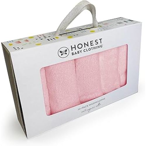 HonestBaby 10-Pack Terry Wash Cloths in Gift Box 100% Organic Cotton for Infant Baby Boys, Girls, 10-Pack Light Pink, One Size