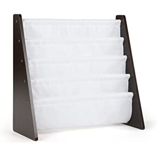 Humble Crew 4-Tier Kids Bookshelf, Espresso Wood/White - Premium Book Shelf for Kids Rooms with Four Deep Pockets - Toddler Sling Book Rack with Deep Sleeves, Nursery Bookcase Organizer