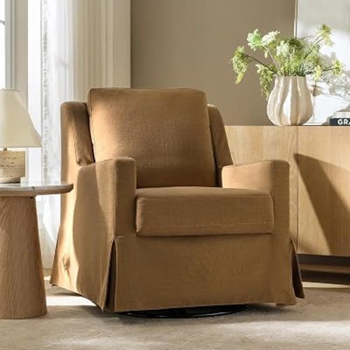 HULALA HOME Swivel Rocker Chair, Farmhouse Swivel Rocking Accent Chair with Washable Slipcover, Fabric Upholstered Barrel Armchair with Down Filled Cushions, Golden