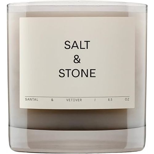 Salt & Stone Scented Candle for Women & Men | Coconut & Soy Blend Wax | Hand-Poured, Aromatic & Fragrant | 100% Cotton Wick | Long-Lasting 50 Hour Burn Time | Santal & Vetiver 8.5 oz