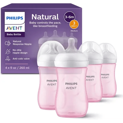 Philips Avent Natural Baby Bottles with Natural Response Nipples (Medium Flow, Flow 3), 9oz, Pink, 4-Pack, SCY903/14