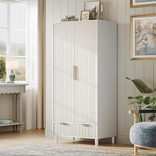 VINGLI Fluted Wardrobe Closet Armoire with Doors And Drawers, White Wardrobe Cabinet with Hanging Rack, Bedroom Closet Wood, Free Standing Armoire with Shelf and Solid Wood Legs, 31.5"W*19.7"D*69.3"H