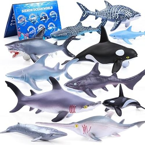 SIENON 11pcs Shark Figures with Booklet, Realistic Sea Creatures Bath Toys Whale Shark Ocean Animal Figurines for Kids Educational Birthday Party Favors Cake Toppers