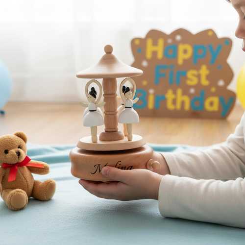 Wooden Carousel Baby Name Music Box – Custom Engraved, Newborn Keepsake Gift for Birthdays & Showers