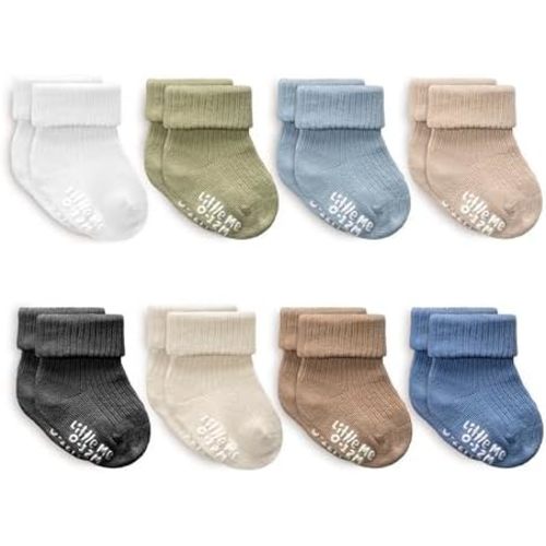 Little Me Baby Socks 16 Pairs | 61% Organic Cotton | Sizes 0-12M & 12-24M | Seamless Toe & Anti-Slip Gripper Sole
