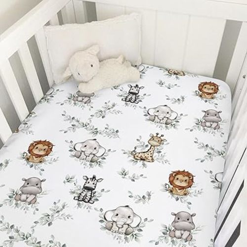 Baby Jungle Safari Animals Boho Leaves Crib Fitted Sheet 52''x28'' Lion Hippo Elephant Giraffe Zebra Snug Fitted Crib Mattress Cover for Boy Girl Nursery Bed Sheets for Standard Toddler Mattress
