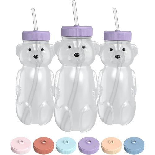 Honey Bear Straw Cup for Babies, 8-oz Honey Bear Cup with Lid, 3-Pack Therapy Learning Honeybear Straw, Baby Bottle Set, Unicorn PURPLE