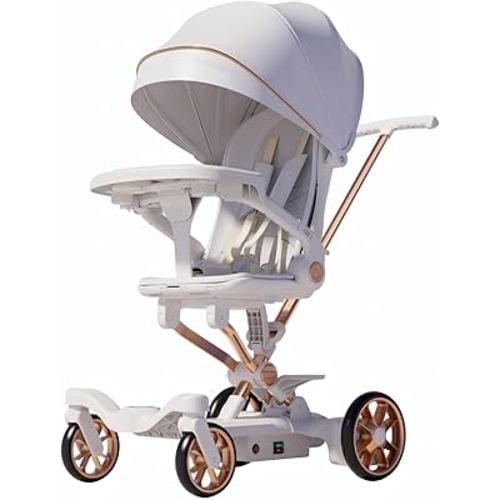 Folding Baby Stroller - Reversible Bassinet Pram, Bassinet Pushchair Stroller (White)