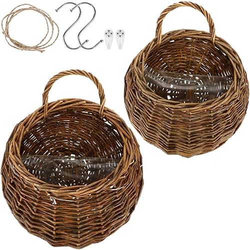 Yardwe 2Pcs Woven Wall Hanging Flower Baskets, Rattan Hanging Planters for Indoor Plants, Rustic Wall Decor Storage Containers, 12.20 X 10.62 X 4.72 Inches
