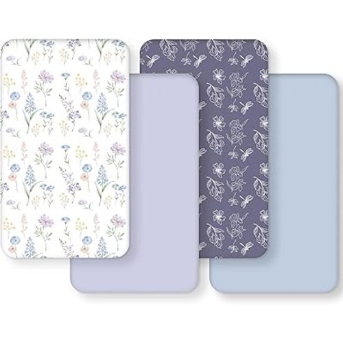 Crib Sheets Girl, Toddler Bed Sheets Fitted for 52”x28”Standard Crib and Toddler Mattresses, 4 Pack Soft Breathable Stretchy Blue Purple Flower