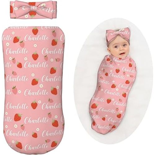 Personalized Baby Girl Swaddle Sack & Headband Set, Custom Name Newborn Cocoon Swaddle Wrap, Soft Infant Swaddling Sack, Strawberry Print, Gift for Baby Shower