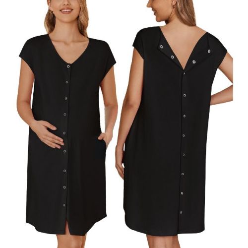 Ekouaer Labor/Delivery/Hospital Gown Nursing Nightgown Maternity Sleepwear With Pockets Postpartum Gowns with Button Black XXL