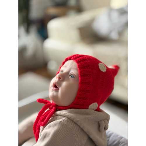 The Mushroom Pixie Hat / Red pointy bonnet for baby, hand knitted with soft cotton,pixie bonnet, knitted red hat, elf hat, gnome hat, gift.