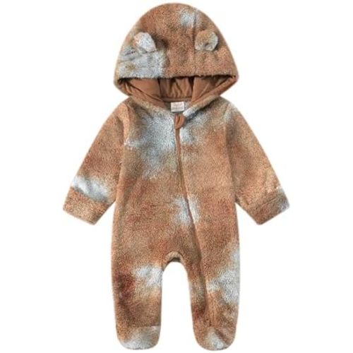 Jimonda Baby Tie Dye Snowsuit Winter Fleece Jumpsuit 0-18 Months, 100% Polyester Hooded Romper with Bear Ears for Infant