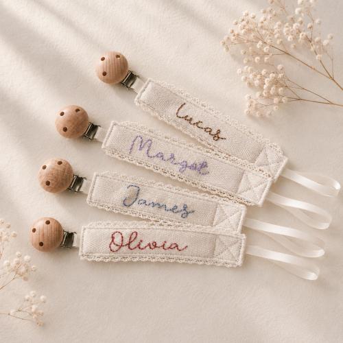 Custom Embroidered Pacifier Clip, Personalized Dummy Holder, Cotton Paci Clip, Neutral Baby Gift, Handmade Baby Accessory
