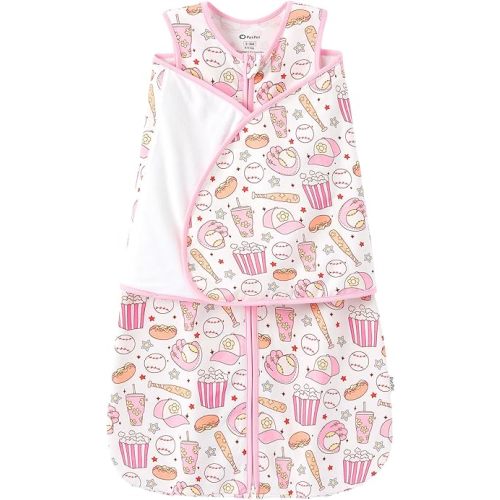 PATPAT Cotton Swaddle for Newborns, Soft Baby Wearable Blanket, Quiet Hook & Loop Closure, Easy Transition Design, 2-Way Zipper for Easy Diaper Changes, 0.5 TOG, Pink Snack Print, 3-6 Months