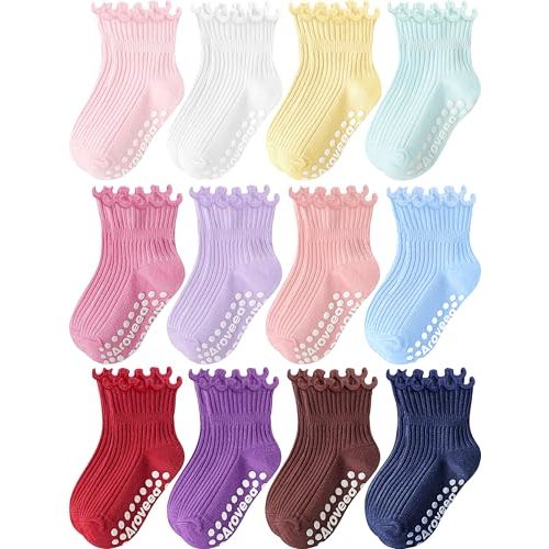 Toddler Girls Socks 12 Pack Grip Kids Cotton Socks for Toddlers 6M-7Years | 75% Premium Cotton,Full Sole Non Slip Grips,Cute Ruffle Baby Girls Socks,All Seasons Daily School Wear,Kids Breathable Socks