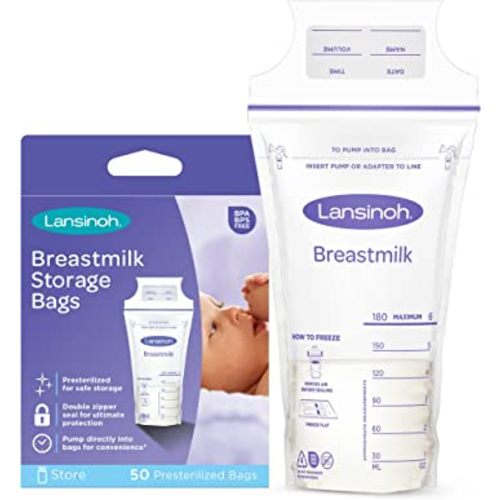 Lansinoh Breastmilk Storage Bags, 50 Count, 6 Ounce, Easy to Use Milk Storage Bags for Breastfeeding, Presterilized, Hygienically Doubled-Sealed, for Refrigeration and Freezing