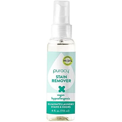 Puracy Stain Remover for Clothes, Laundry Spray for Fresh & Set-In Clothing Stains, Enzyme-Based Laundry Stain Remover, 99.51% Plant-Powered Natural Stain and Odor Cleaner, Free & Clear, 4 Fl Oz Travel Size Stain Remover