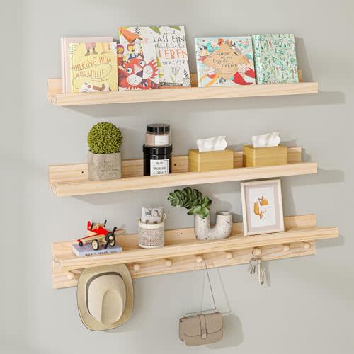Unfinished Nursery Book Shelves Floating Picture Ledge 36 Inch Set of 3 | Wall Mounted Natural Pine Wood with Hooks for Bedroom Kids Room Living Room Kitchen Bathroom Decor and Storage