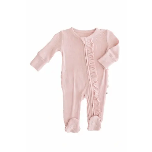Embroidered Bamboo Waffle Zipper Ruffle Footie | Lotus