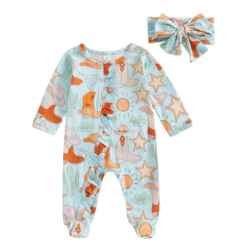 Newborn Baby Girl Western Clothes Cowgirl Boots Footie Romper Ruffle Long Sleeve Zipper Jumpsuit Coming Home Outfit
