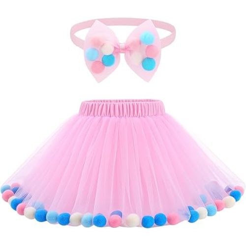 Tutu Skirt for Toddler Girl Colorful Floating Pom Pom Tulle Skirt Bow Headband Birthday Tutu Outfit Princess Ballet Dress