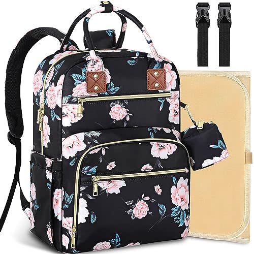 Tenot Diaper Bag Backpack, Baby Bag with Changing Pad Black Pink Floral | Large Capacity, Waterproof, Baby Bags for Mom, Dad, Travel Baby Diaper Backpack with Pacifier Case, Baby Girl Boy