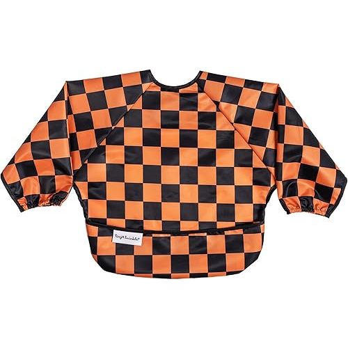 Tiny Twinkle Mess Proof Baby Bib,Waterproof Smock Baby Bib for Eating,Machine Washable Long Sleeve Bib,Baby Led Weaning,Toddler Bib,BLW Supplies(Orange,Black Checkers, Small 6-24 Months)