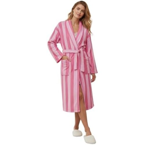 Owl's-Yard Women's Soft Summer Dressing Gown Floral Fruit Print Plush Shawl Collar Bathrobe Warm Lounge Robe with Belt