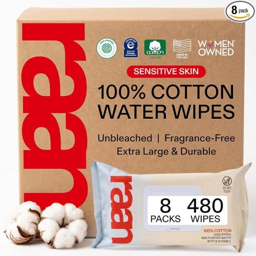 Raan, 100% Cotton Baby Wipes, Unbleached, 99% Purified Water, Unscented, EWG verified, For Extra Sensitive Skin, Naturally Soft and Durable, 8 pack, 480 Count
