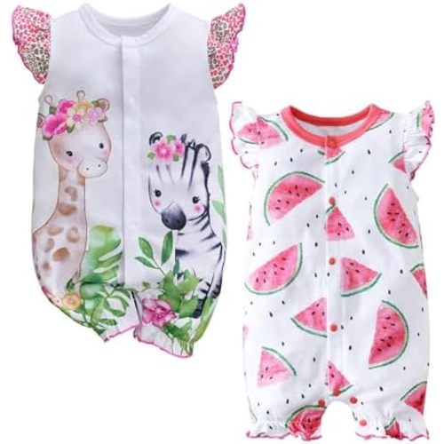 2-Pack Baby Girls Romper Newborn Giraffe Print Ruffles Sleeve Onesie Infant Summer Clothes