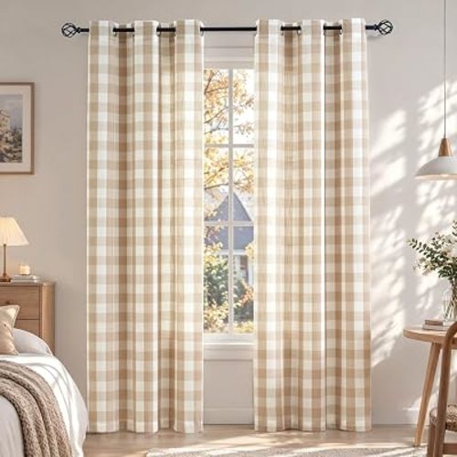 Jubilantex Tan White Buffalo Check Semi Sheer Curtain Panels Gingham Plaid Textured Curtains Drapery,Farmhouse Grommet Window Drapes for Living Room Bedroom Kids Room,2 Panels,Beige,40"x95"