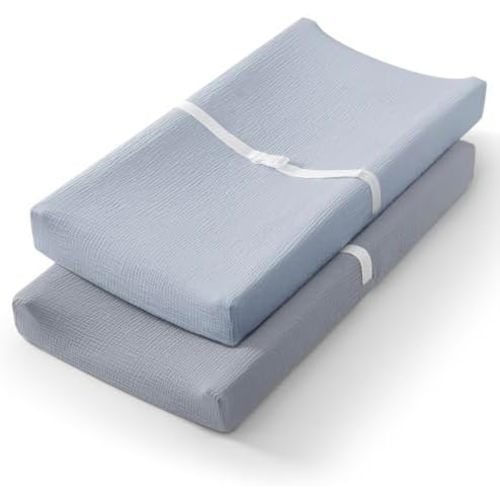 Blissful Diary Muslin Changing Pad Cover for Girls Boys, Ultra Soft Breathable Cotton, Baby Diaper Change Table Pad Covers, 2Pack (Light Blue&Grey)
