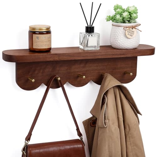 Lewtemi Wall Mount Coat Rack with Shelf 16.5" Scalloped Walnut with 5 Hooks | Floating Entryway Organizer for Hats Bags Towels, Decorative Scalloped Edge, Versatile Storage for Bedroom Bathroom Kitchen
