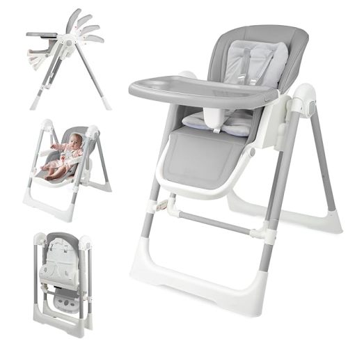 High Chairs for Babies and Toddlers Convert to Baby Swings Foldable High Chair Adjustable Convertible with Reclining Seat & Leg Rest, 3-in-1 with Tool-Free Assembly (Grey)