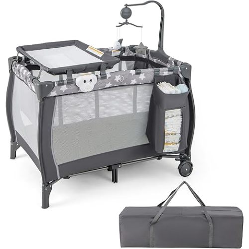 HONEY JOY Pack and Play, 3 in 1 Portable Baby Playard with Bassinet, Changing Table, Lockable Wheels, Music Box, Foldable Travel Baby Crib Nursery Center from Newborn to Toddler (Star Gray)