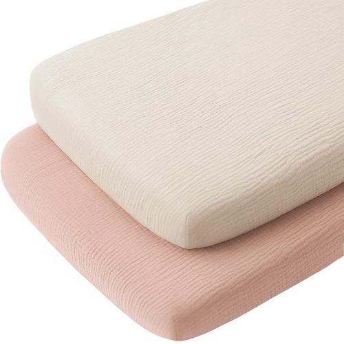 Konssy Muslin Fitted Bassinet Sheets 2 Pack for Baby Girl Boy, Soft Breathable Baby Bassinet Sheets Fit for Bassinets, Cradle, Moses Basket Oval Rectangle Pad/Mattress (Pink, Cream, Bedside Sleeper)