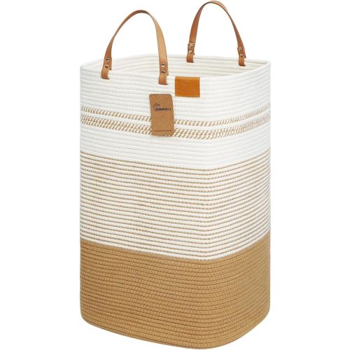 danpinera 75L Woven Laundry Hamper with Long Leather Handles, Baby Laundry Basket for Nursery, Tall Hampers for Bedroom Aesthetic, Decorative Clothes Storage Basket for Family, White & Light Green