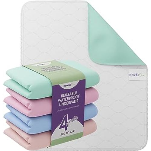 Incontinence Bed Pads - 4 Pack 18” x 24” Reusable Waterproof Mattress Protectors - Highly Absorbent, Machine Washable - for Children, Pets and Seniors - Assorted Colors - Royal Care