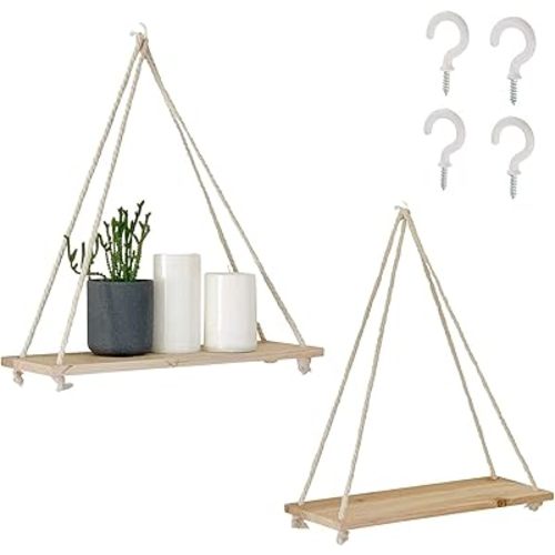 BASE ROOTS Hanging Shelves for Wall, Plants Hanging Shelf, Macrame Wall Hanging, Floating Shelves Boho Rope, Lightweight Rustic Wood, Triangle Floating Shelves Easy Hanging Shelves no Drill Set of 2