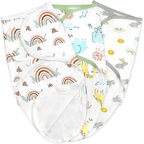 3 Pack Baby Swaddle Wrap, Cotton Newborn Swaddle with Zipper Adjustable Nursery Swaddling Blankets for 0-3 Months (Rainbow, 0-3 Months)