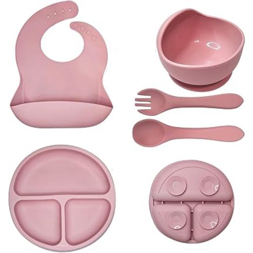 Silicone Baby Feeding Set -Practical 5 Pcs,Baby Led Weaning Supplies,Toddler Eating Spoons Suction Bowl Divided Plate Bib,First Stage Solid Food Eating Utensils - 6+ Months (Brick red)