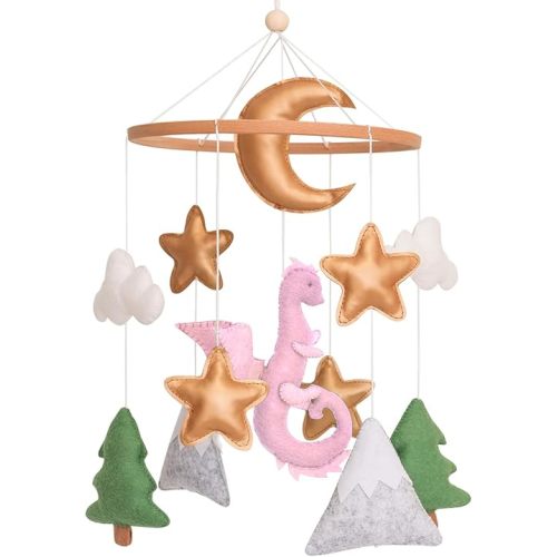 Dragon Baby Mobile, Forest Mobile for Crib, Pink Crib Mobile Girls, Nursery Mobile for Bassinet, Pack and Play, Moon, Pink Dragon, Cloud, Star, Mountain, Tree