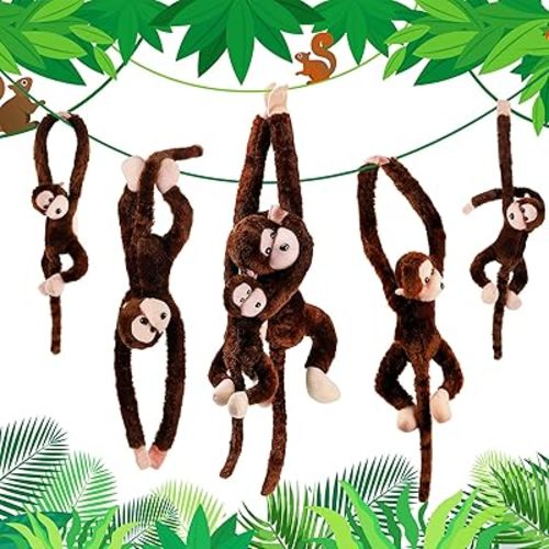 Hungdao 6 Packs Hanging Monkey Stuffed Jungle Animal Toy Gifts with Hook and Loop Jungle Party Hanging Plush Monkey for Classroom Birthday Party Decorations(Dark Brown,24 Inch and 32 Inch)